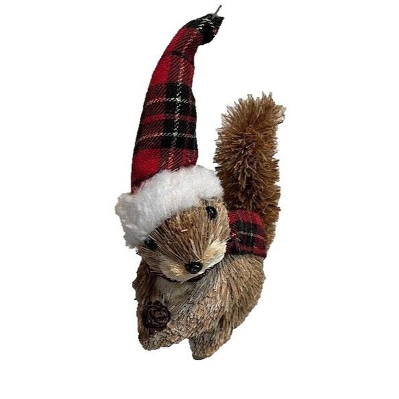 Sisel Bottlebrush Squirrel Plaid Hat & Scarf Christmas Decor Cabincore Wildlife - Picture 3 of 5